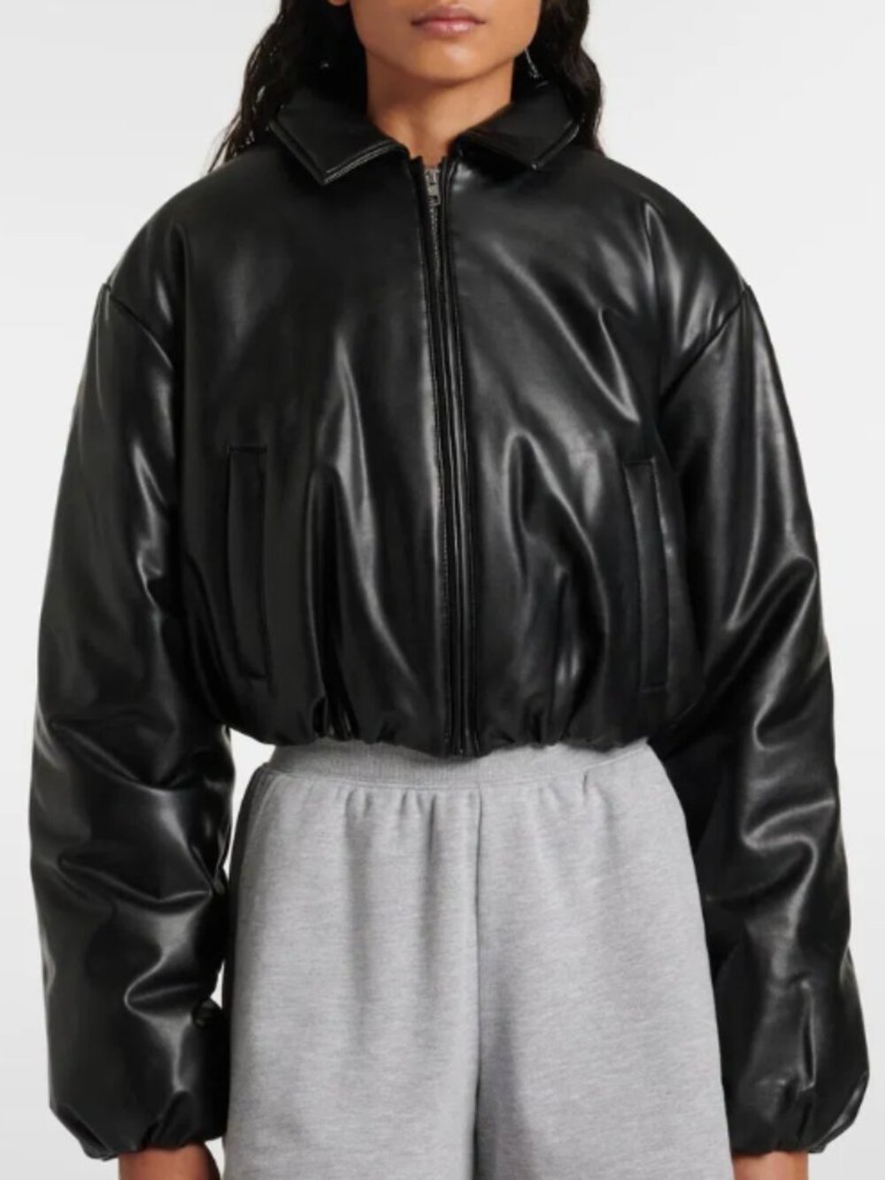 Alo Yoga Faux Leather Bomber Jacket Black Size XS Cropped Puffer Zip Jacket